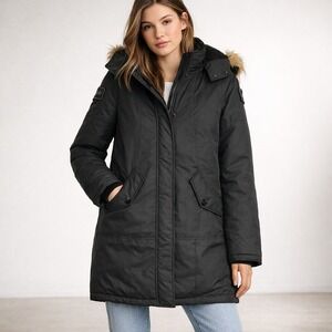 Fur Lined Hood PSG Black Mid Length Winter Parka‎ Coat Large